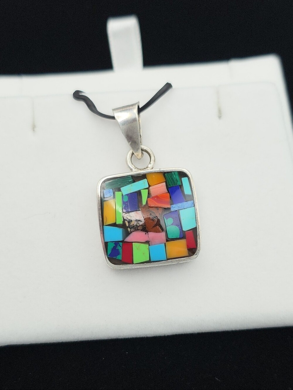 Vintage 925 Sterling Silver Mexico Taxco Style Square Multistone Inlay Pendant